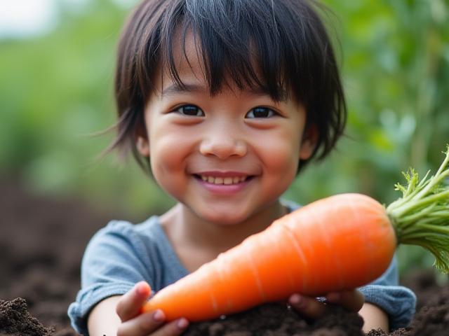 収穫した野菜を誇らしげに見せる子供