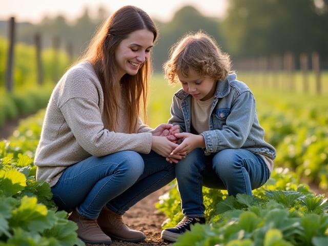 親子で野菜の抜き方を教え合うシーン