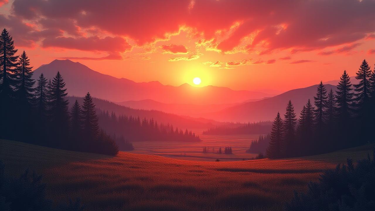 沈む夕日と田園風景