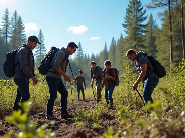 チームで苗木を植える会社員