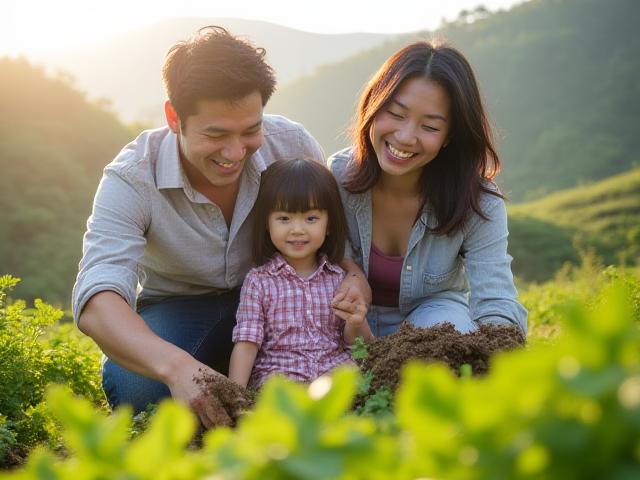 農場で笑顔で野菜を収穫する家族