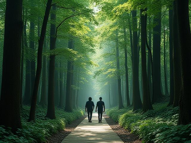 木漏れ日の下を散策する人々