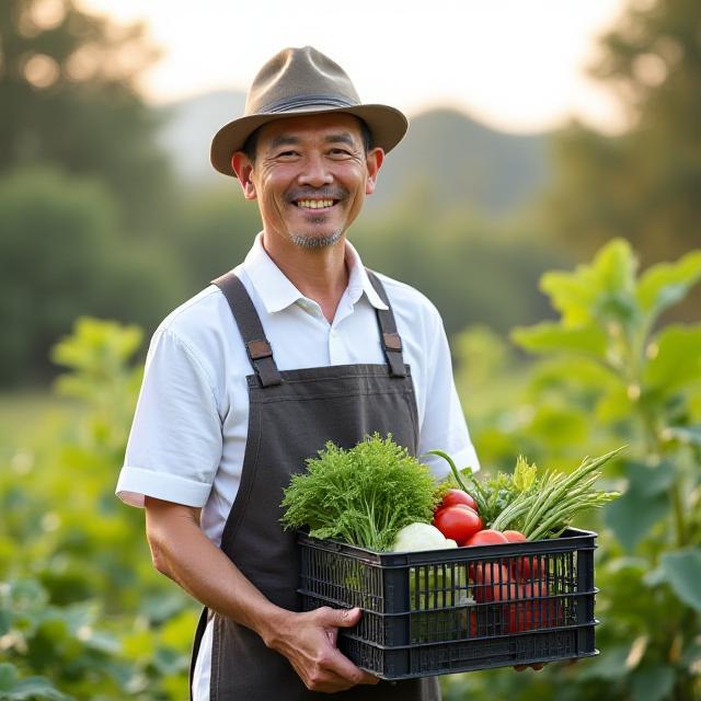 笑顔で収穫したトマトを持つYoiti 稲本