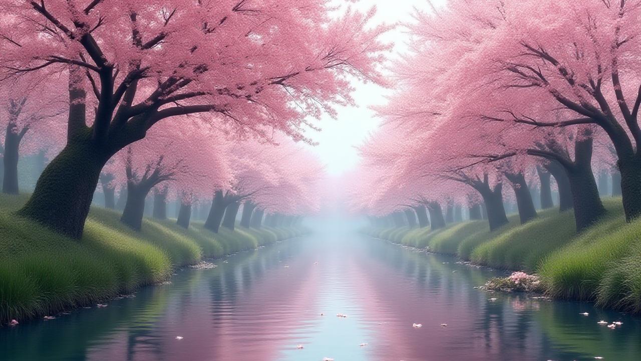 満開の桜並木と穏やかな川の流れ