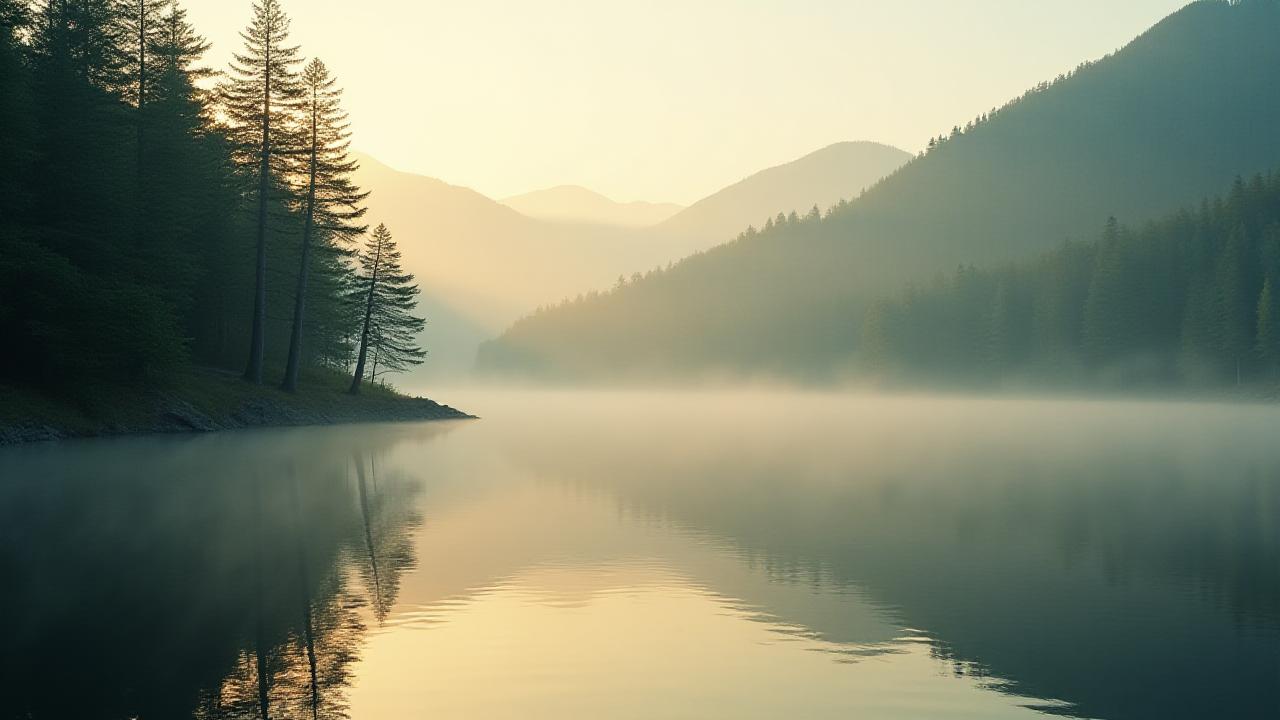 朝霧に包まれた静かな湖畔の風景
